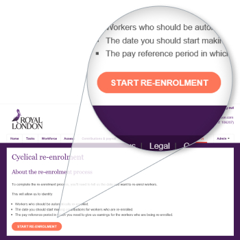 Pension re-enrolment dashboard, full run system start screen