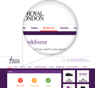 Royal London auto enrolment dashboard showing Workforce section