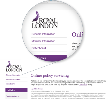 Royal London employer dashboard with Scheme Information menu highlighted