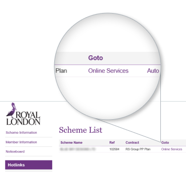 Royal London employer dashboard with Online Services menu highlighted