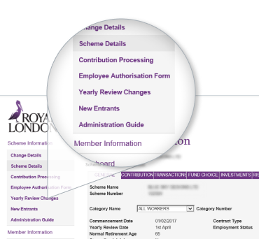 Royal London employer dashboard with Scheme details menu highlighted