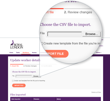 Upload CSV file screen for updating employee pension plan details