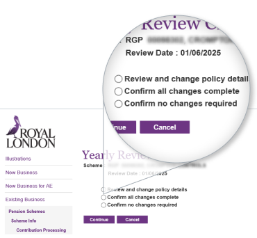 Royal London employer dashboard, confirmation changes options