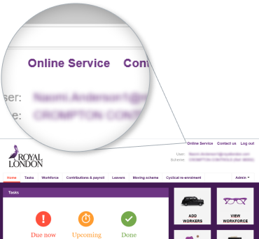 Royal London employer dashboard highlighting Online Service menu for yearly review