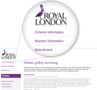 Royal London dashboard showing Scheme Information menu option highlighted