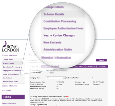 Yearly Review Changes link highlighted in Scheme Details menu
