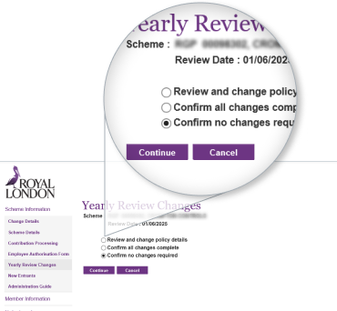 Yearly Review Changes screen with Confirm no changes required option selected